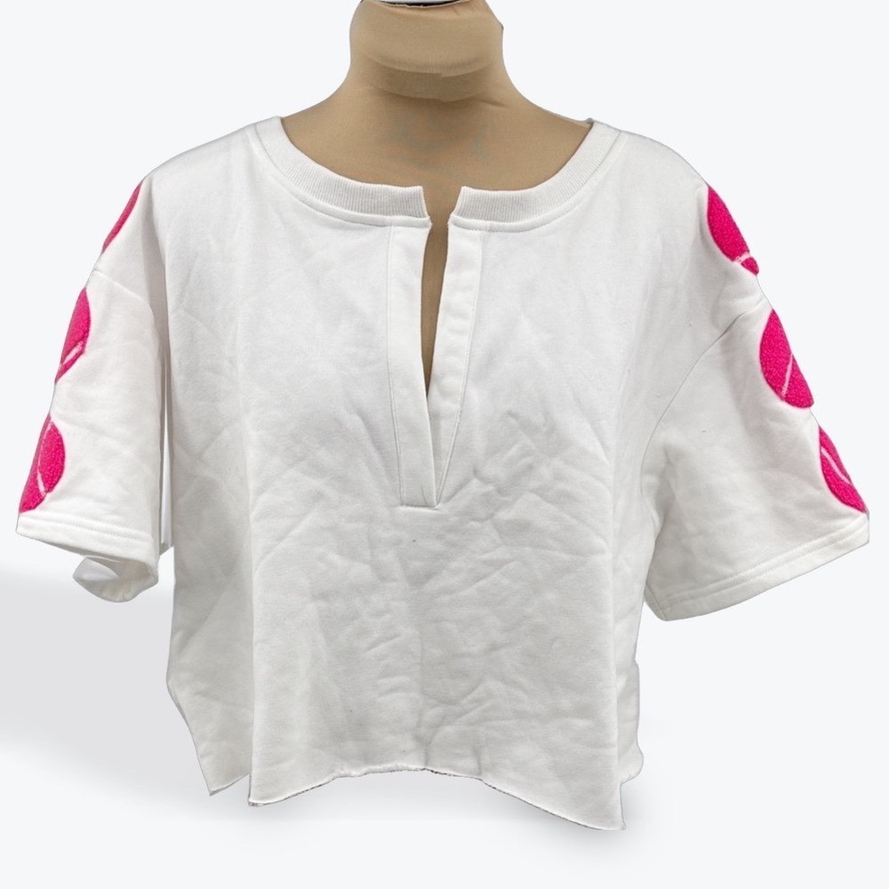 White Cropped Sweatshirt Neon Pink Tennis Ball Graphic Short Sleeve V Neck